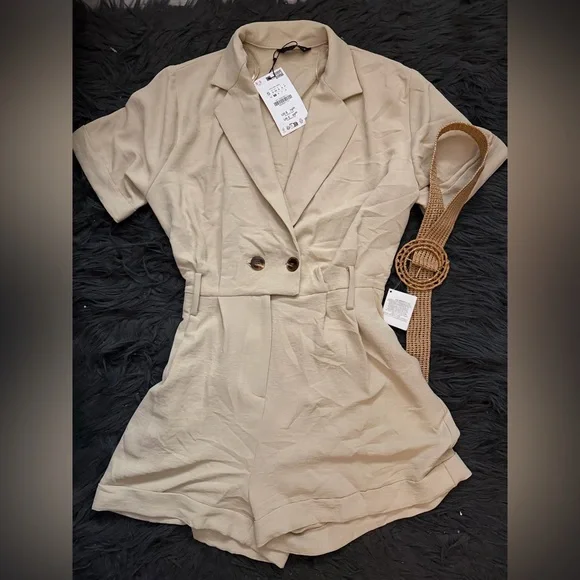 Zara Beige Short Sleeve Blazer Romper - Picture 2 of 5